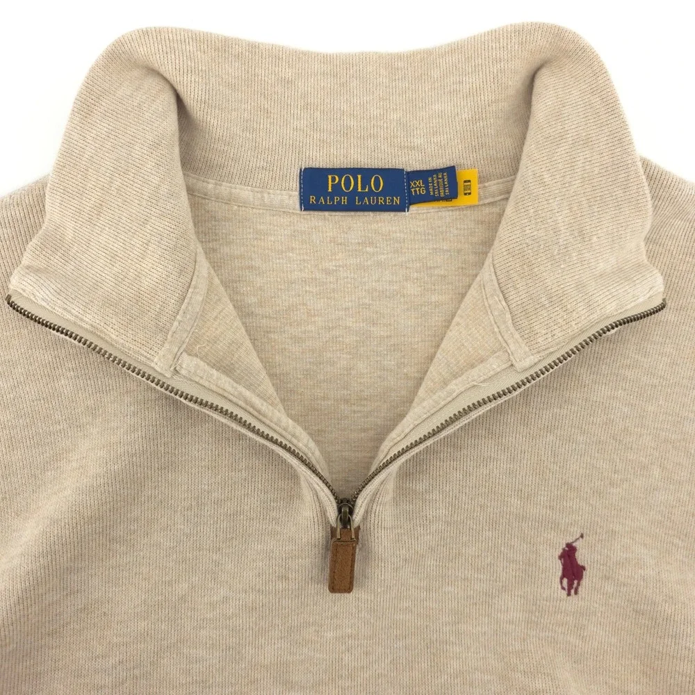 Polo Ralph Lauren Mens Quarter Zip Pullover XXL Beige Cotton Sweater Pony Logo